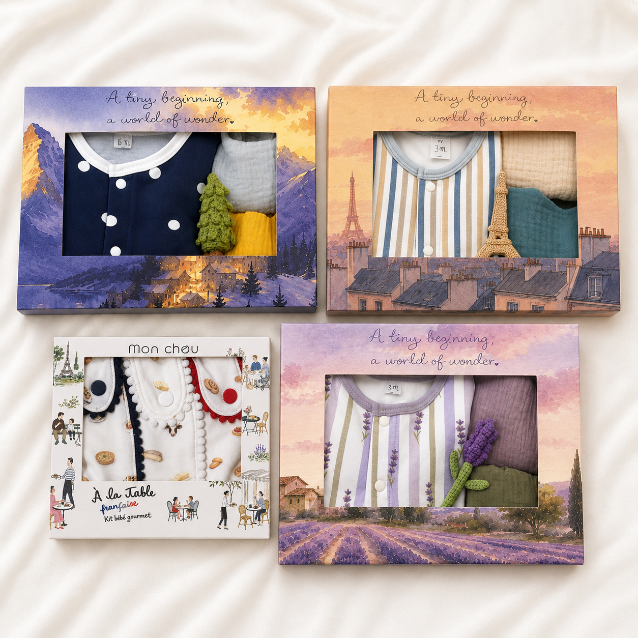 Coffrets cadeau Mon Chou — collections Alpes, Capitale et Provence avec le kit bébé gourmet À la Table française